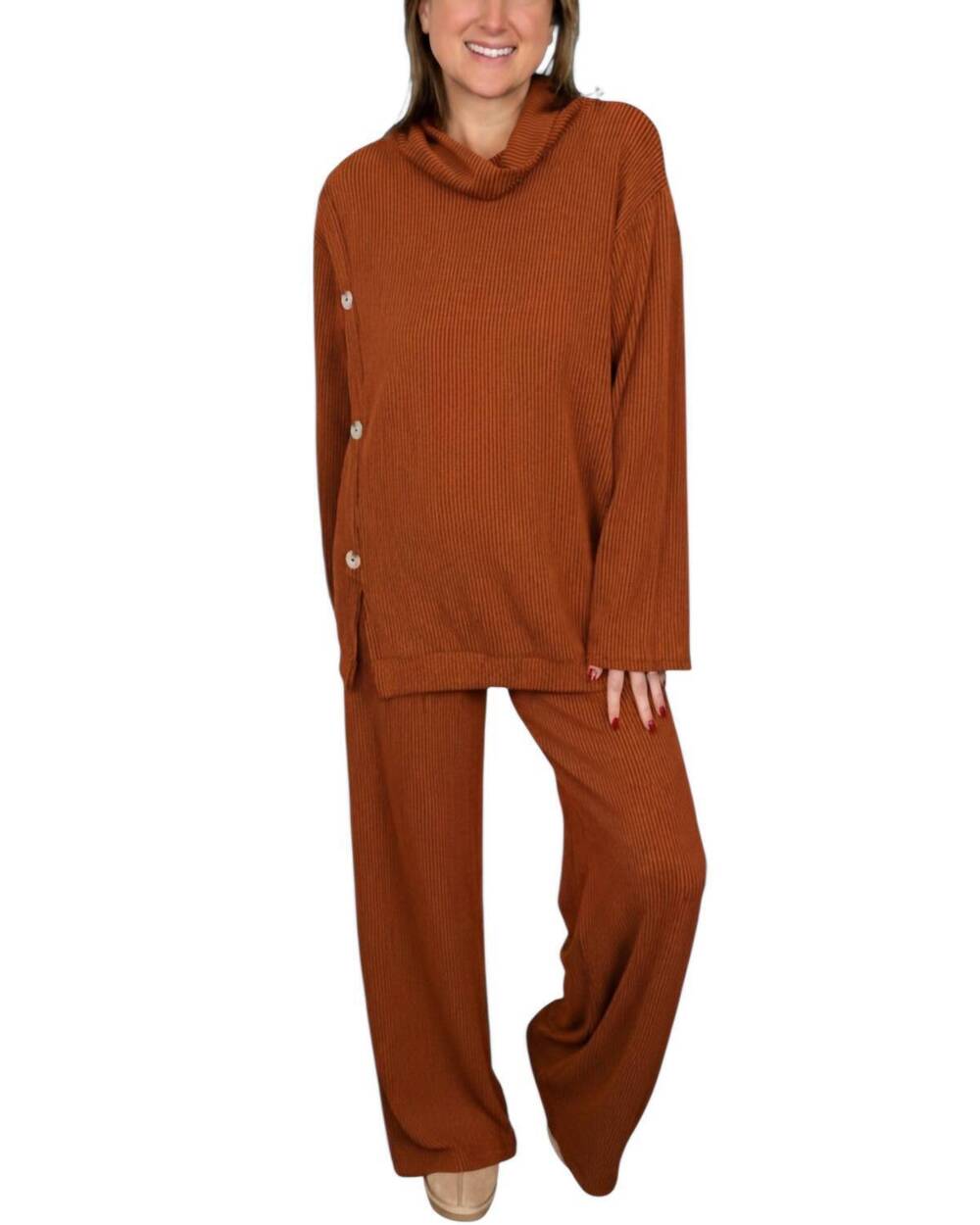 NEW DEAR SCARLETT soft moments high-rise ribbed wide leg pants set in rust orang